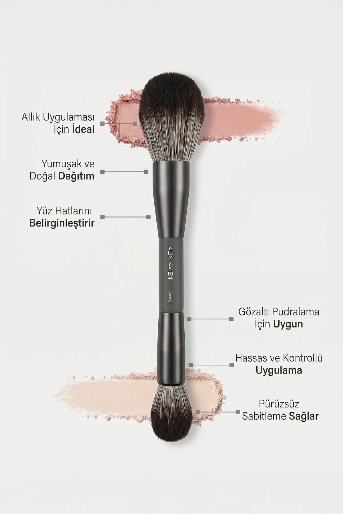 Pudra, Allık, Bronzer ve Aydınlatıcı İçin Çift Taraflı Makyaj Fırçası - Double Ended Makeup Brush