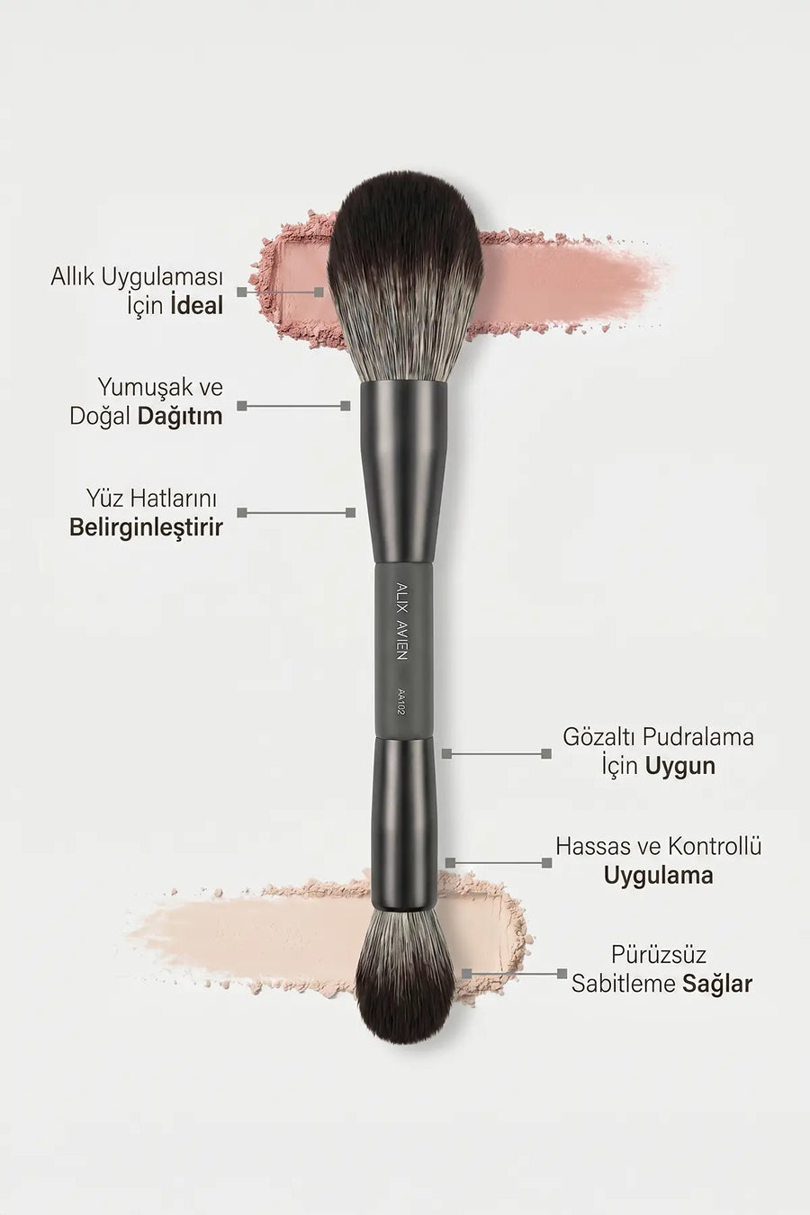 Pudra, Allık, Bronzer ve Aydınlatıcı İçin Çift Taraflı Makyaj Fırçası - Double Ended Makeup Brush