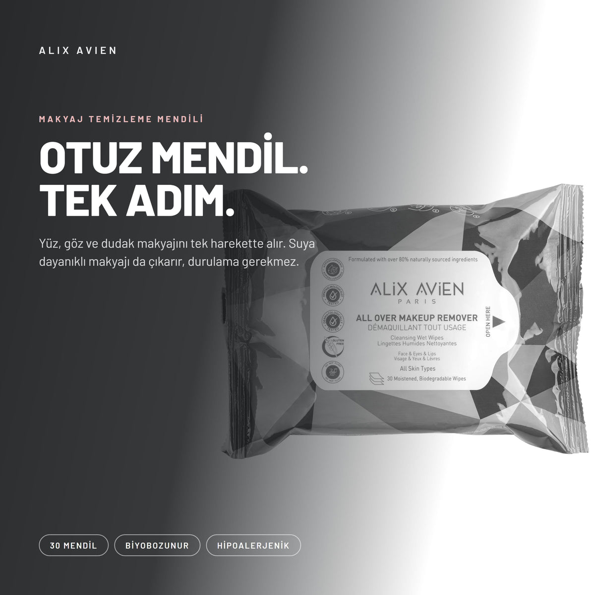 Makyaj Temizleme Mendili 30'lu - Tek Hareketle | Alix Avien