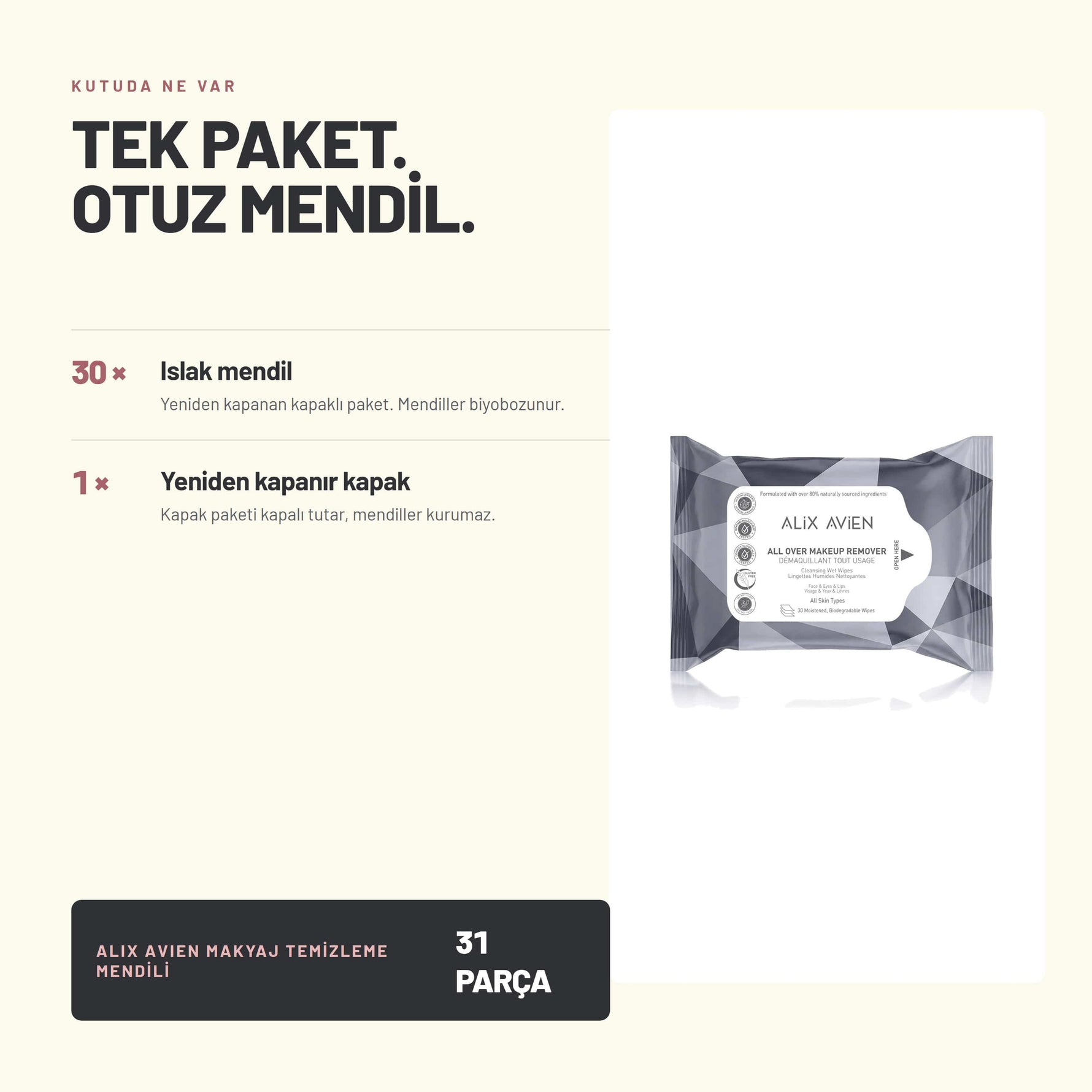 Makyaj Temizleme Mendili 30'lu - Tek Hareketle | Alix Avien