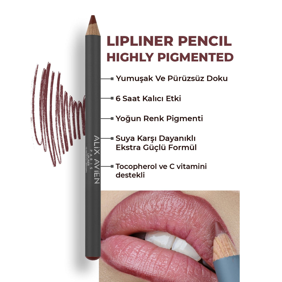 Lipliner Pencil - Suya Dayanıklı Yoğun Pigmentli Dudak Kalemi | Alix Avien