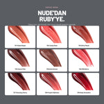 Delicate Glam Lip Tint dokuz renk swatch: 701 Nude Ginger'dan 709 Ruby Sensation'a