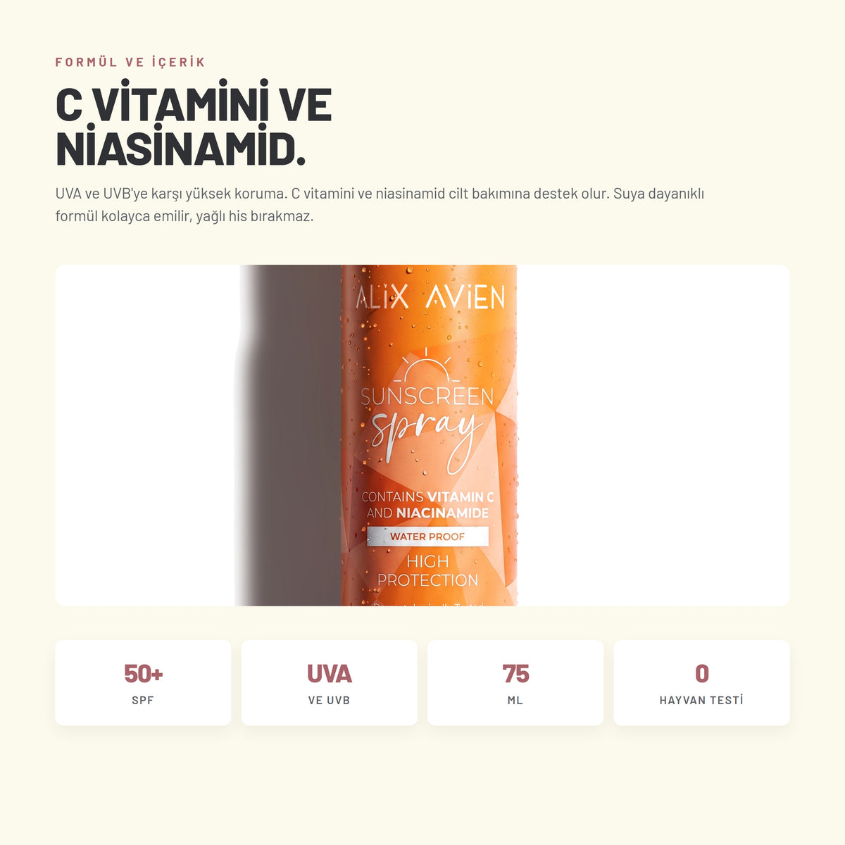Alix Avien SPF50+ güneş koruyucu sprey formül ve üretim bilgileri