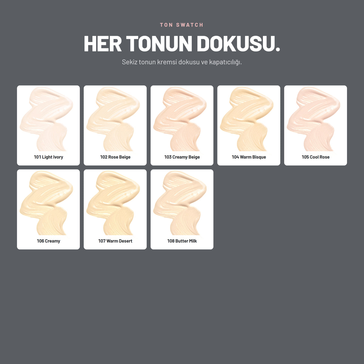 Liquid Concealer likit kapatıcı renklerinin gerçek swatch görünümü