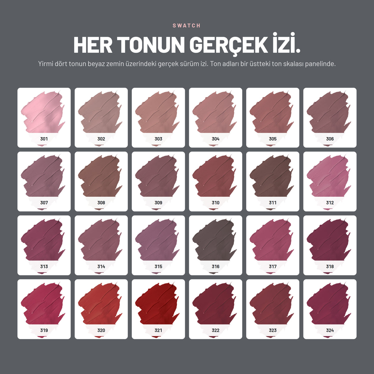 Glossy Lipstick parlak ruj renklerinin gerçek swatch görünümü