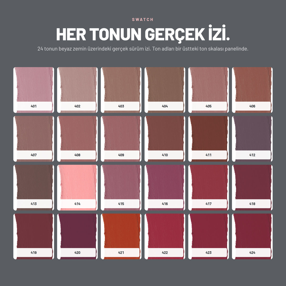 Matte Lipstick mat ruj renklerinin gerçek swatch görünümü