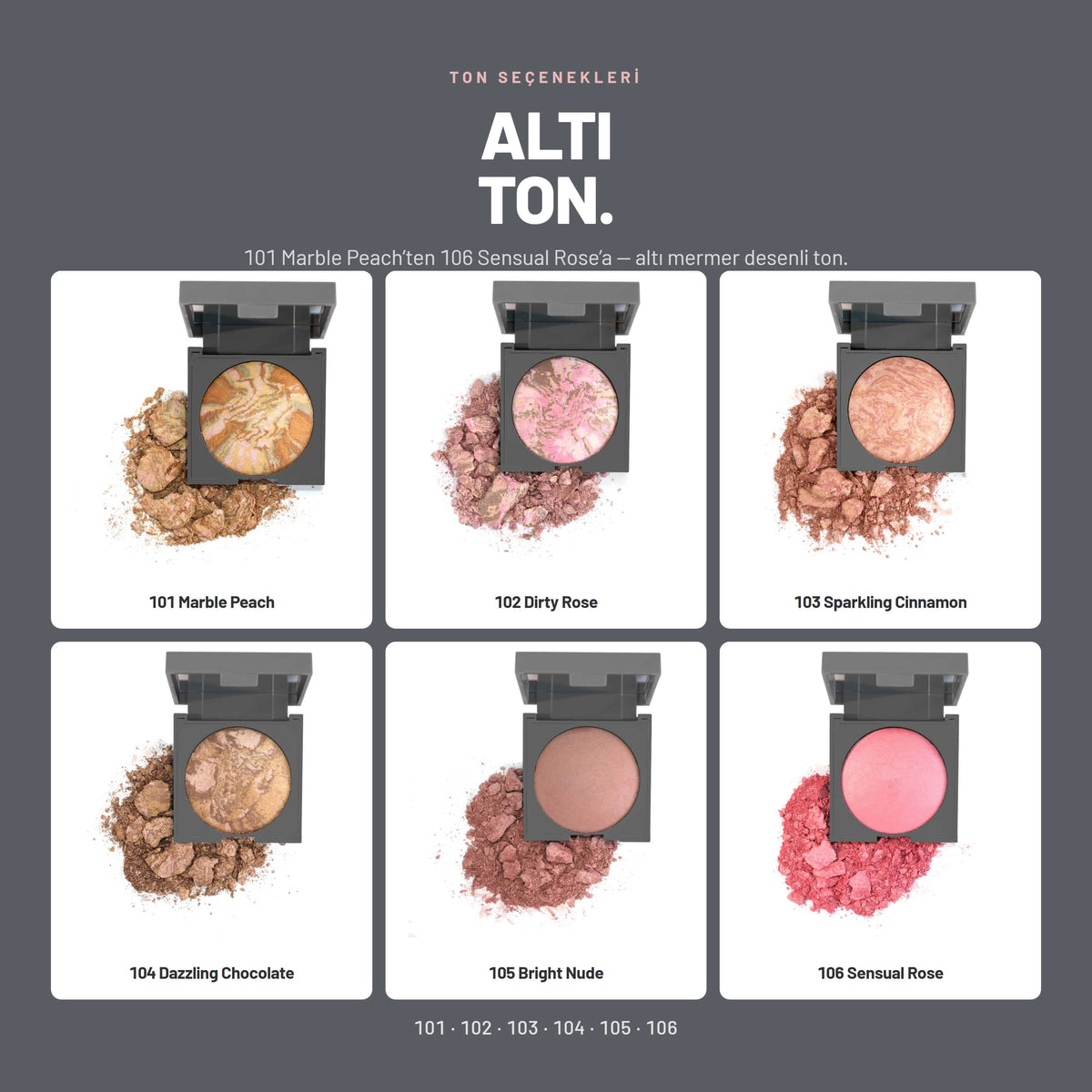 Alix Avien Baked Blush seçenek tablosu: 101 · 102 · 103 · 104 · 105 · 106