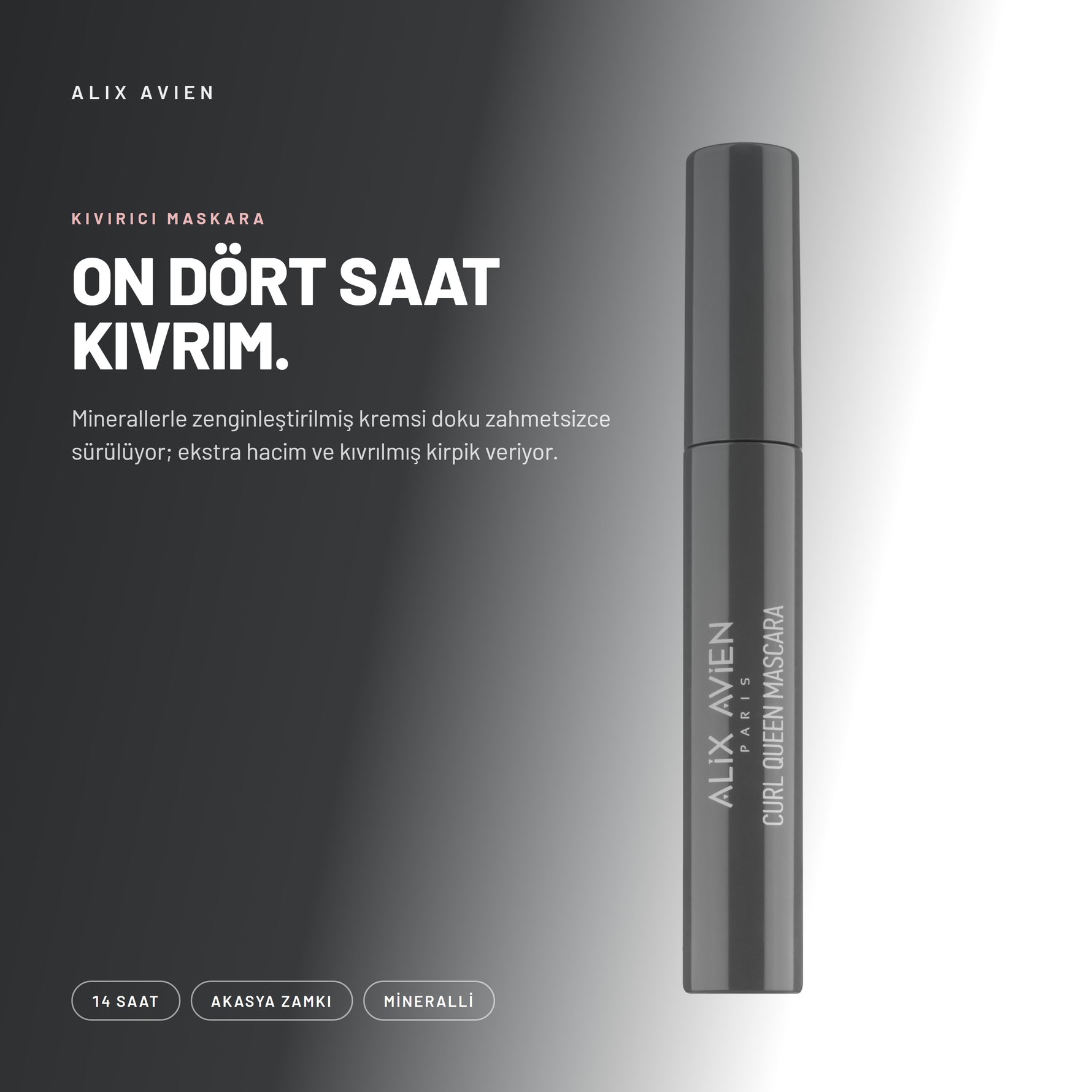 Alix Avien Curl Queen Mascara ürün tanıtım görseli - Minerallerle zenginleştirilmiş kremsi doku zahmetsizce sürülüyor