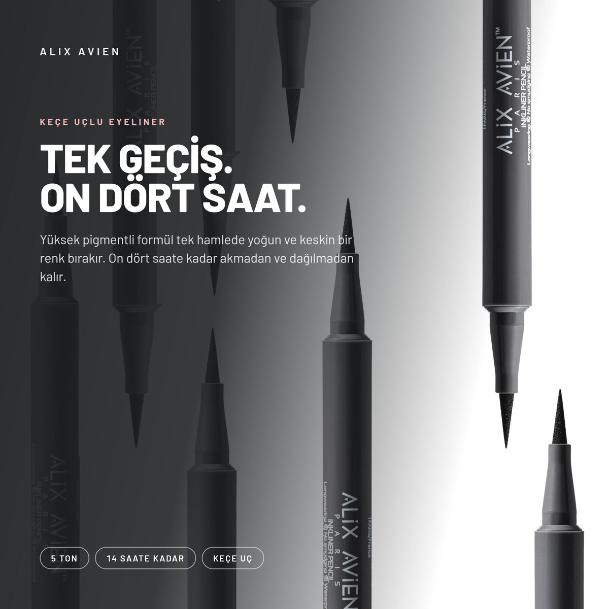 Alix Avien Inkliner Eyeliner ürün tanıtım görseli - Yüksek pigmentli formül tek hamlede yoğun ve keskin bir renk bırakır.