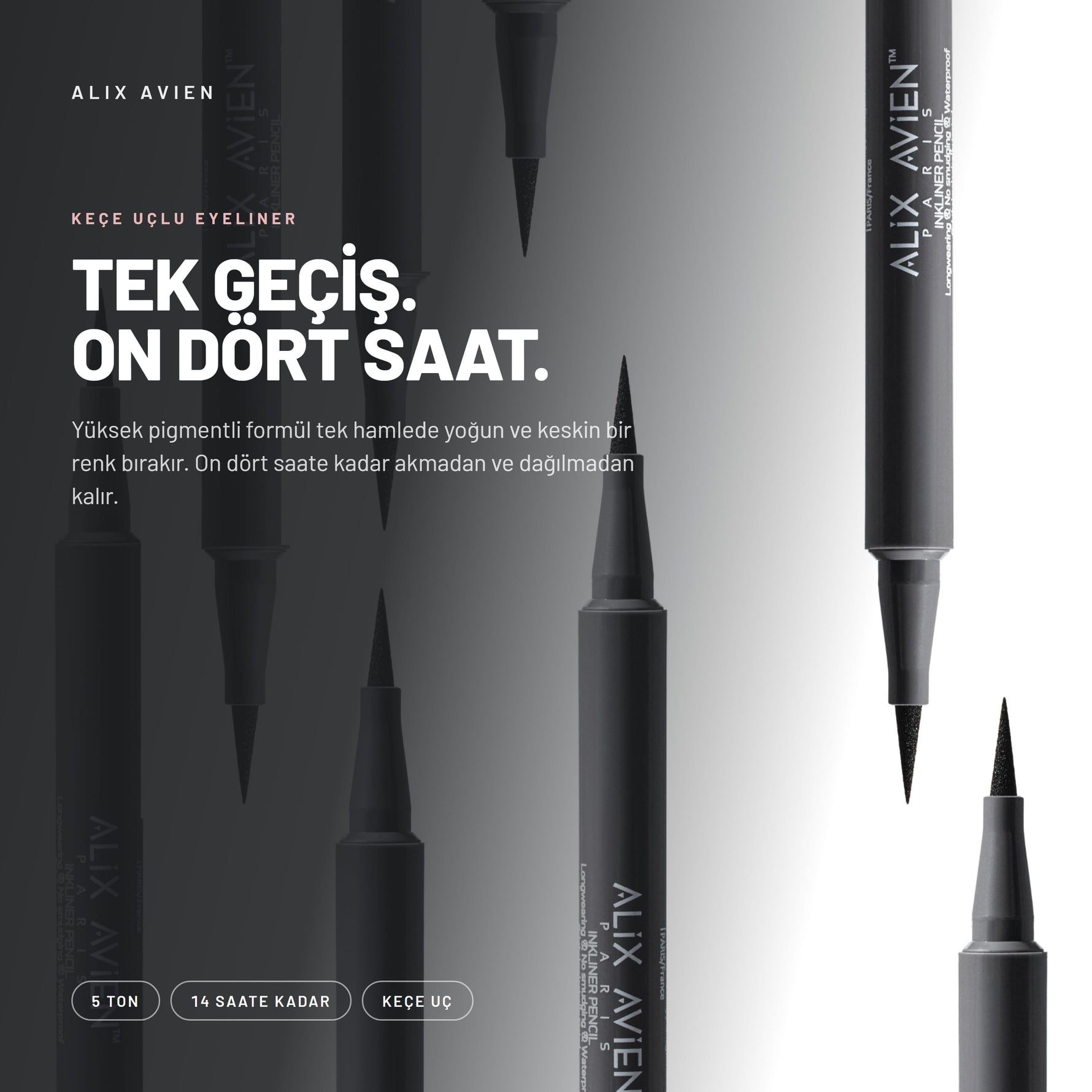 Alix Avien Inkliner Eyeliner ürün tanıtım görseli - Yüksek pigmentli formül tek hamlede yoğun ve keskin bir renk bırakır.