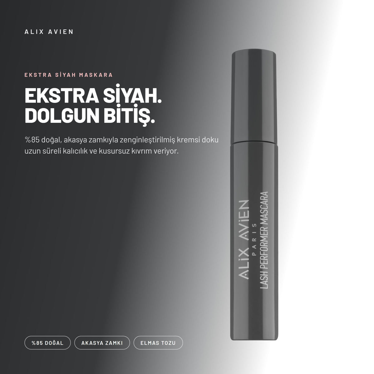 Alix Avien Lash Performer Mascara ürün tanıtım görseli - %85 doğal, akasya zamkıyla zenginleştirilmiş kremsi doku uzun
