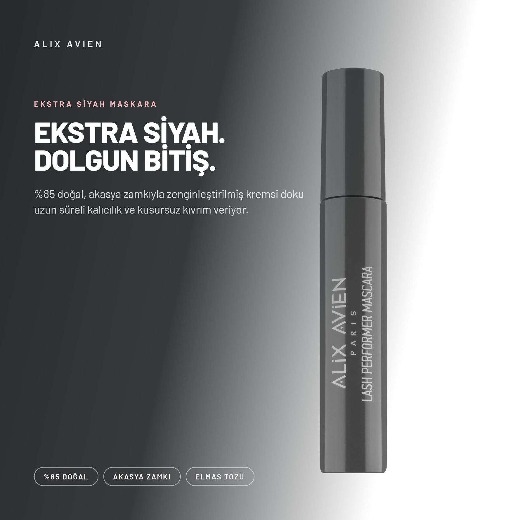 Alix Avien Lash Performer Mascara ürün tanıtım görseli - %85 doğal, akasya zamkıyla zenginleştirilmiş kremsi doku uzun