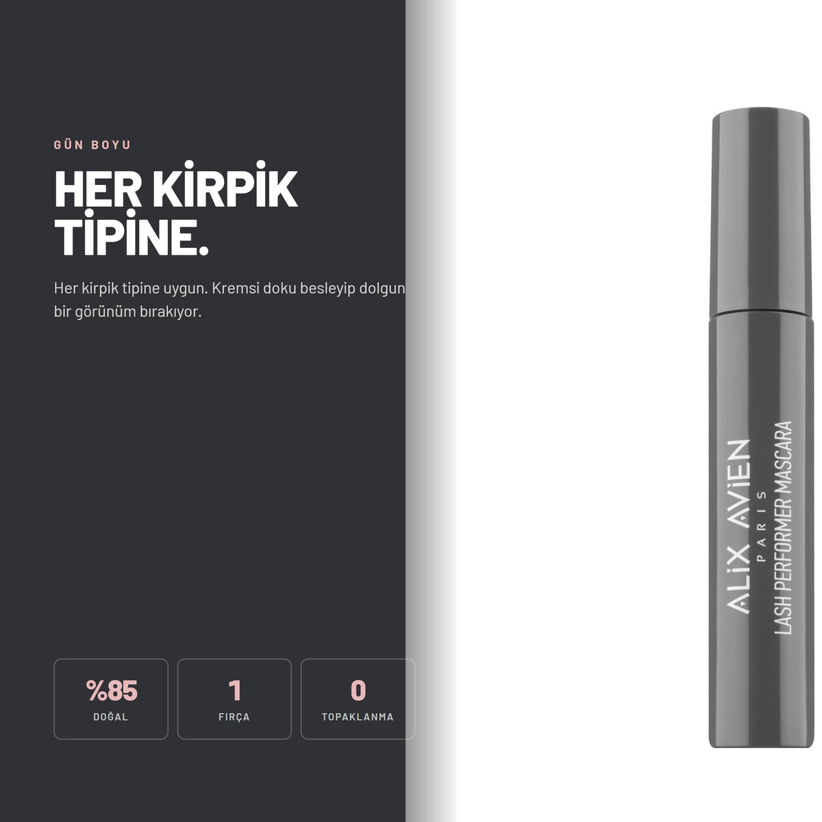 Alix Avien Lash Performer Mascara kullanım sonrası görünüm - Her kirpik tipine uygun.
