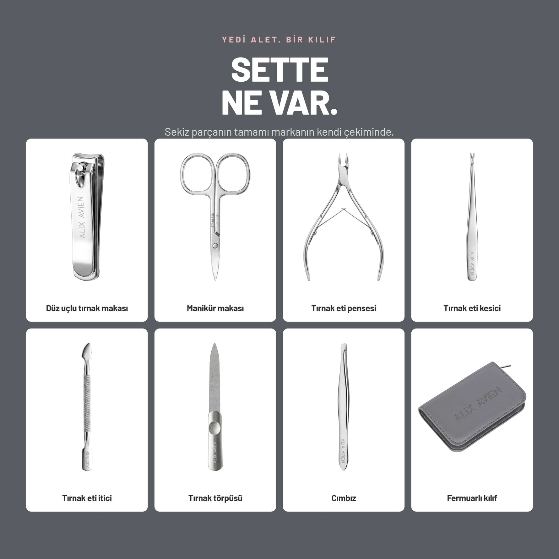 Mini Travel Manicure Set - Küçük Seyahat Boy Çantalı 7'li Manikür Seti | Alix Avien 