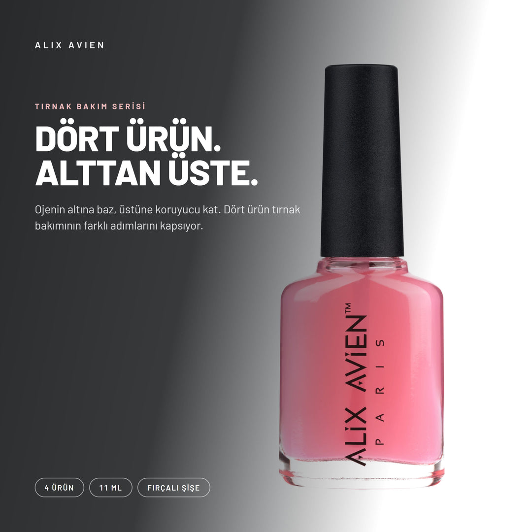 Alix Avien Nail Wellness ürün tanıtım görseli - Ojenin altına baz, üstüne koruyucu kat.