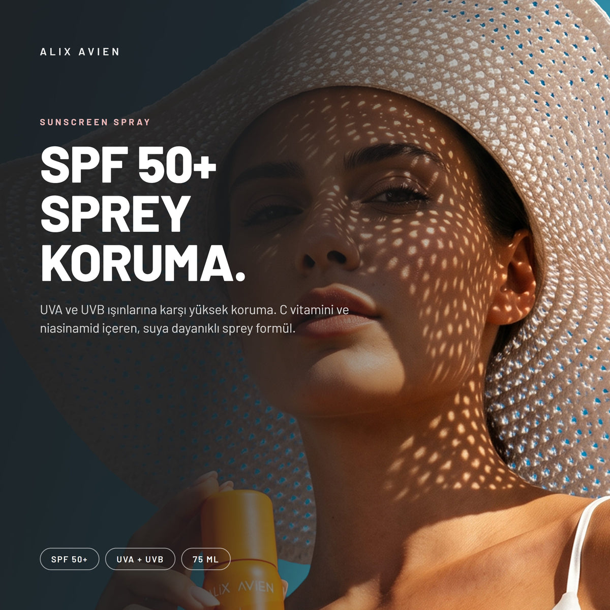 SPF50+ C Vitaminli Suya Dayanıklı Güneş Koruyucu Sprey 75 ML | Alix Avien 