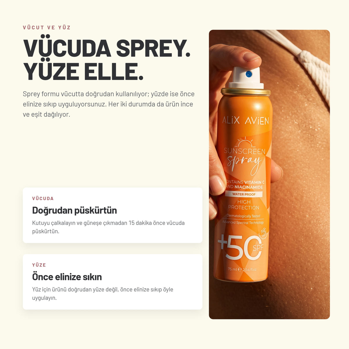 SPF50+ C Vitaminli Suya Dayanıklı Güneş Koruyucu Sprey 75 ML | Alix Avien 
