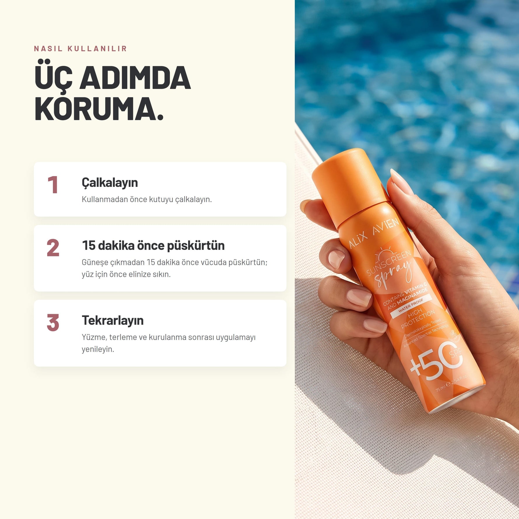 SPF50+ C Vitaminli Suya Dayanıklı Güneş Koruyucu Sprey 75 ML | Alix Avien 