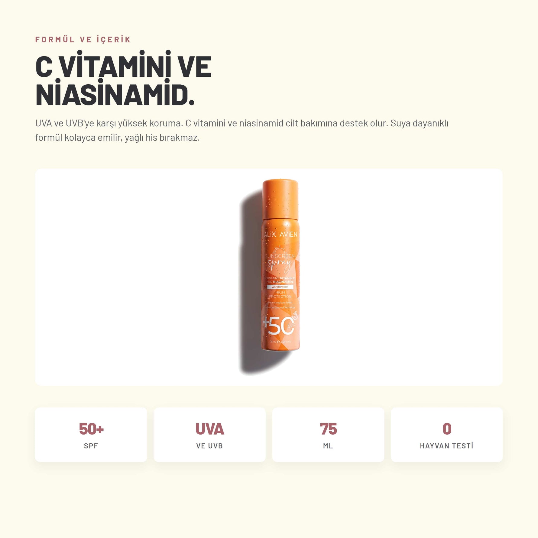 SPF50+ C Vitaminli Suya Dayanıklı Güneş Koruyucu Sprey 75 ML | Alix Avien 
