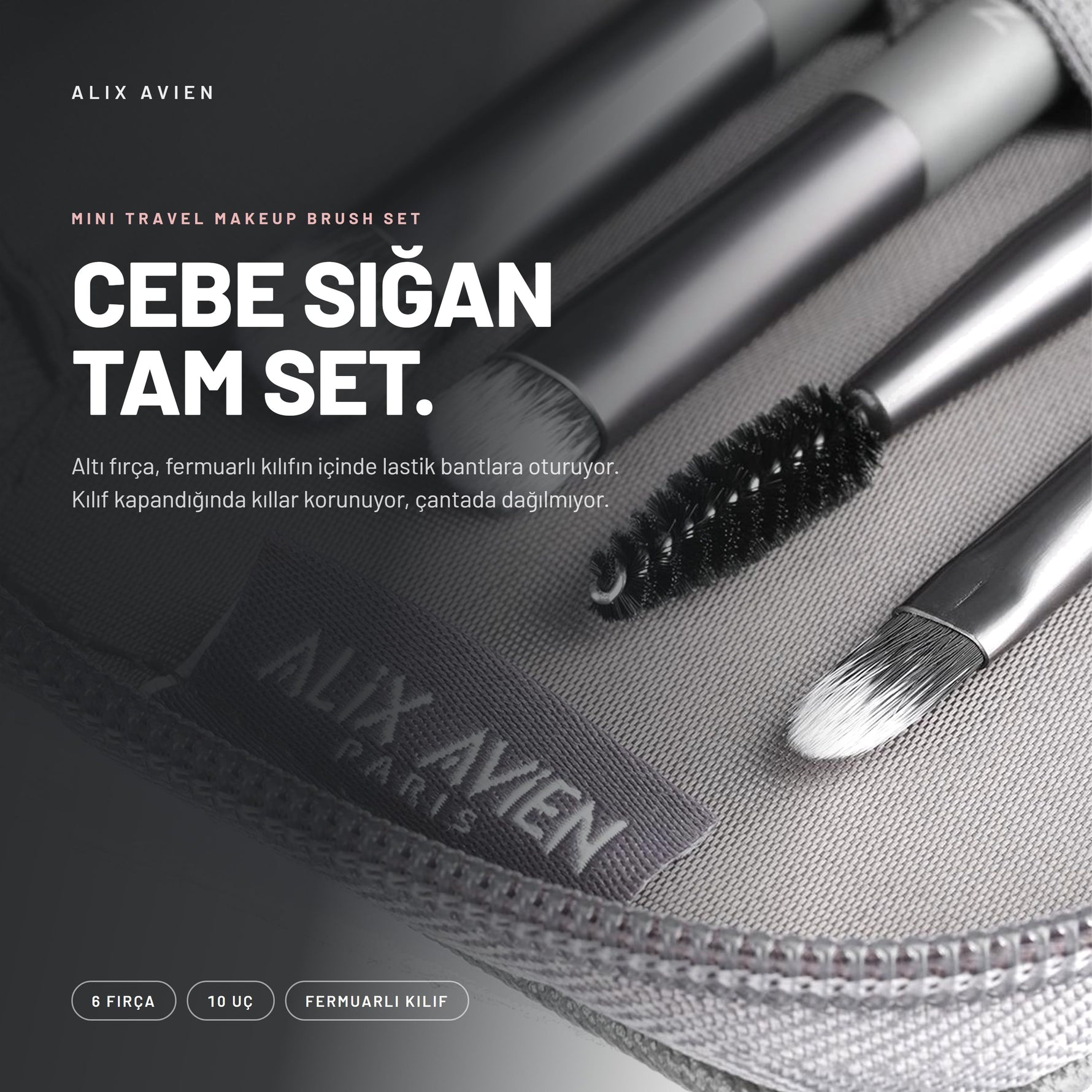Alix Avien Mini Travel Makeup Brush Set ürün tanıtım görseli - Altı fırça, fermuarlı kılıfın içinde lastik bantlara oturuyor.