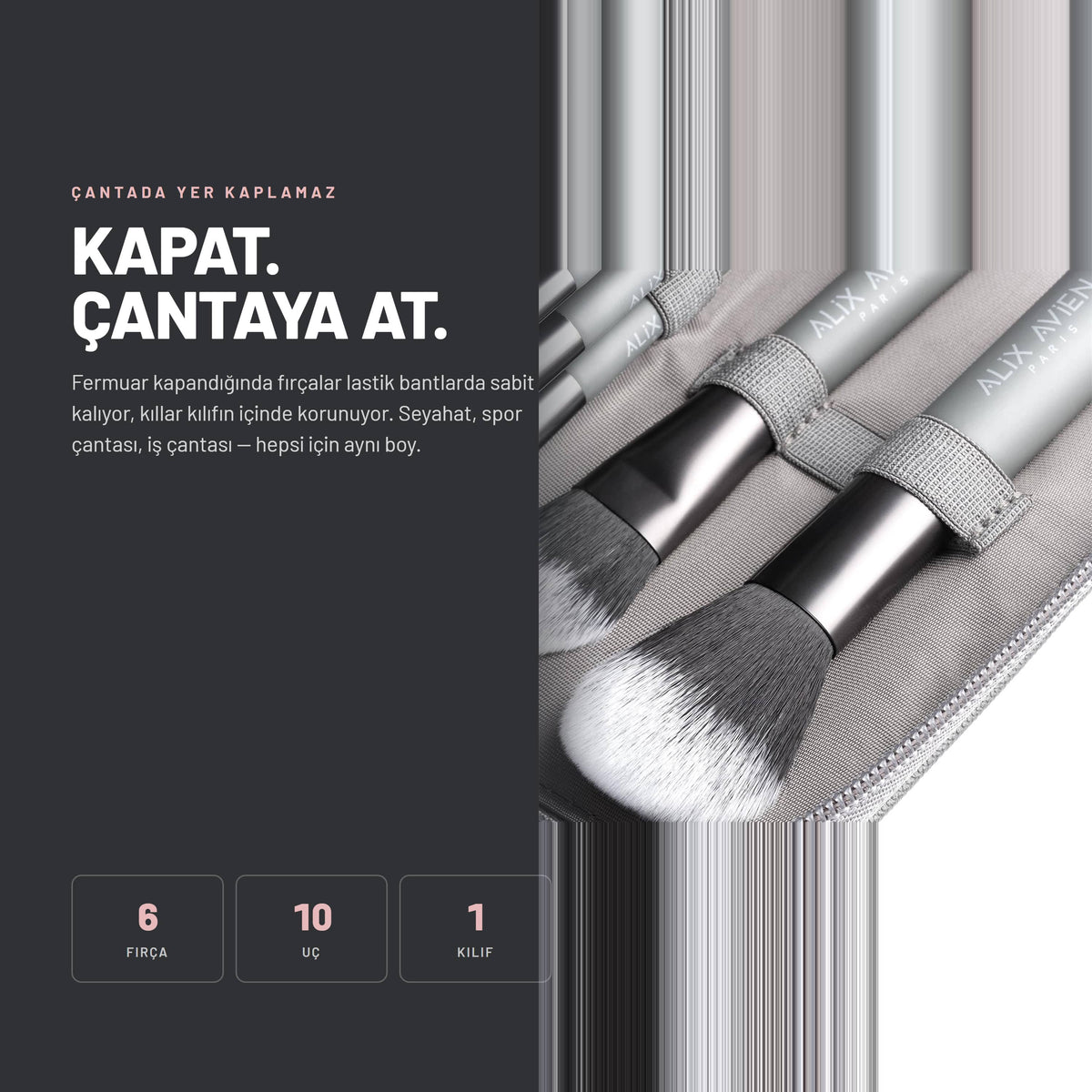 Alix Avien Mini Travel Makeup Brush Set kullanım sonrası görünüm - Fermuar kapandığında fırçalar lastik bantlarda sabit