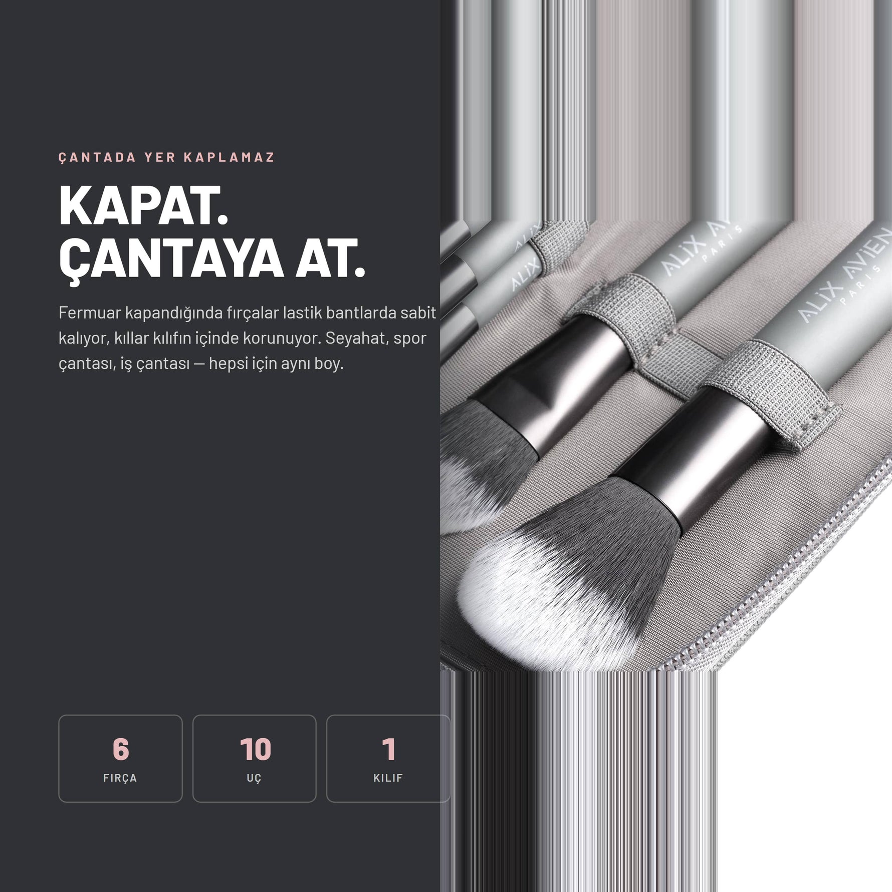Alix Avien Mini Travel Makeup Brush Set kullanım sonrası görünüm - Fermuar kapandığında fırçalar lastik bantlarda sabit