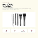 Alix Avien Mini Travel Makeup Brush Set formül ve sertifika bilgileri - Altı fırçanın tamamı aynı mat gri gövde ve iki tonlu