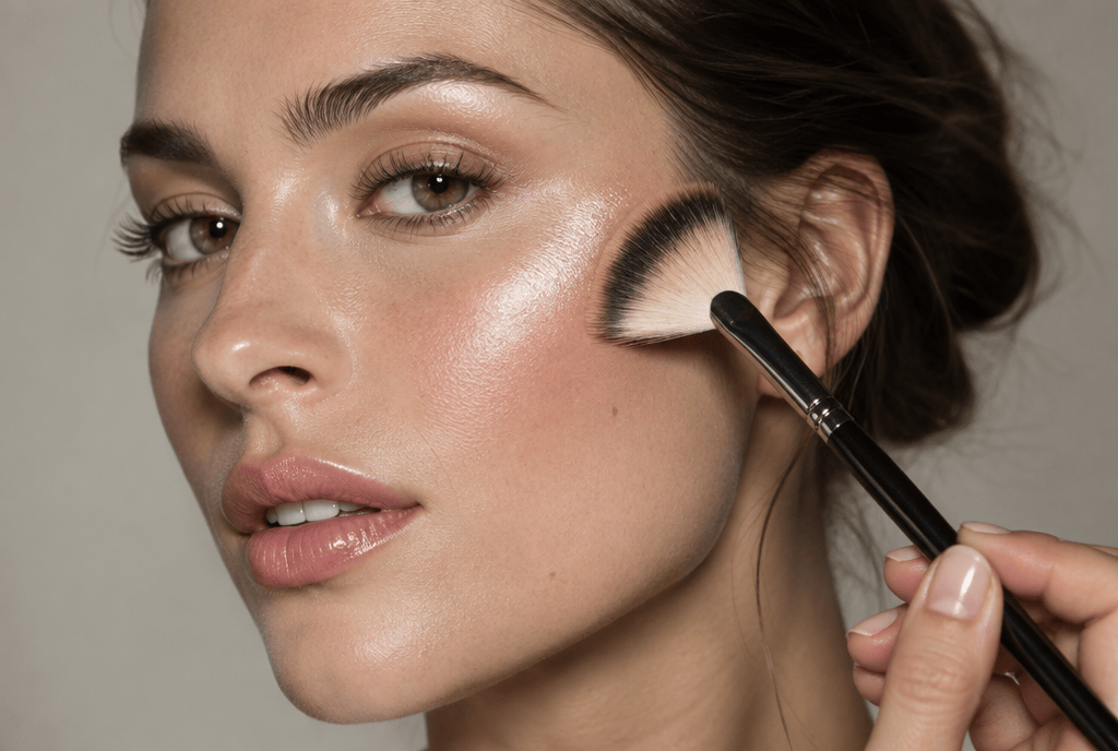 Elmacık kemiğinin üstüne yelpaze fırçayla highlighter uygulaması